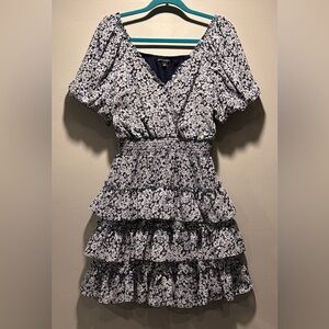 Sam & Jess V- Neck Short Puff Sleeve White & Blue Floral Ruffle Tiered Dress M